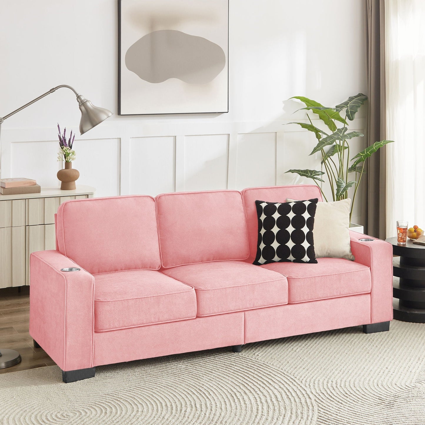 Modern Snowfleece 3-Seater Sofa with Built-In Cup Holders