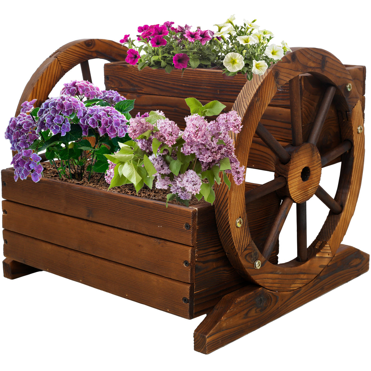 Wooden Wagon Planter Box with Two Tiers and Wheels - Fir Wood