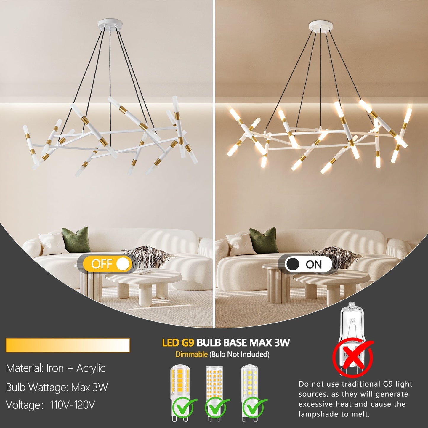 41-Inch White Gold Modern Chandelier Light Fixture
