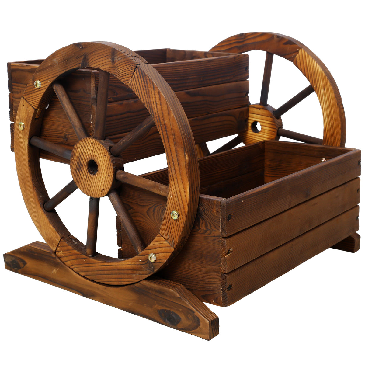 Wooden Wagon Planter Box with Two Tiers and Wheels - Fir Wood