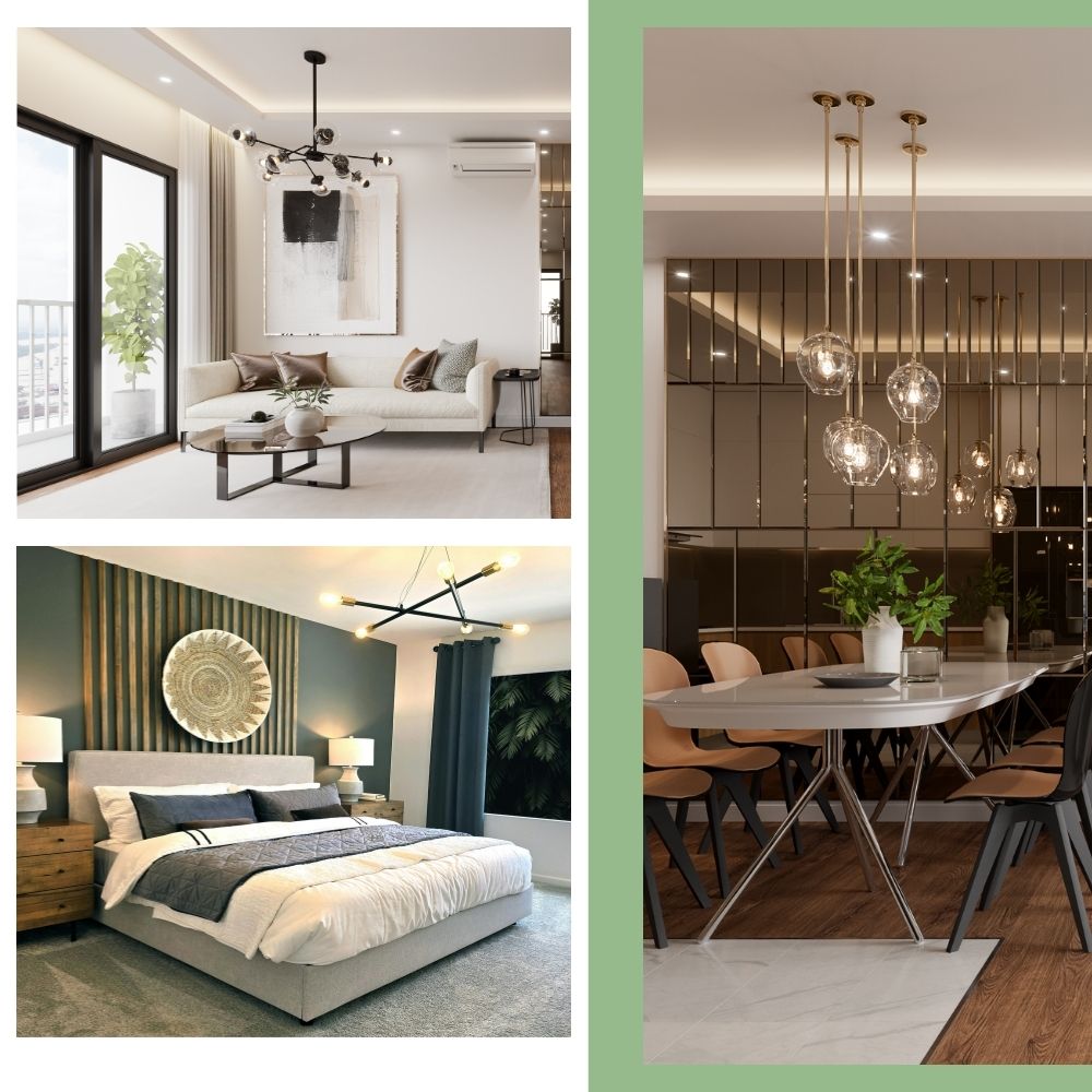 Collage of a modern living room, bedroom, and dining area with stylish decor.